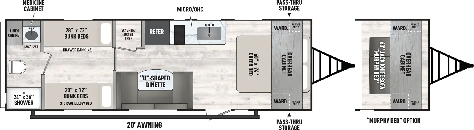 The Clipper Travel Trailers 25QBH floorplan has one entry and zero slide outs. Exterior features include: metal exterior and 20' awning. Interiors features include: bunk beds, u-dinette, front bedroom, murphy bed and rear bathroom.